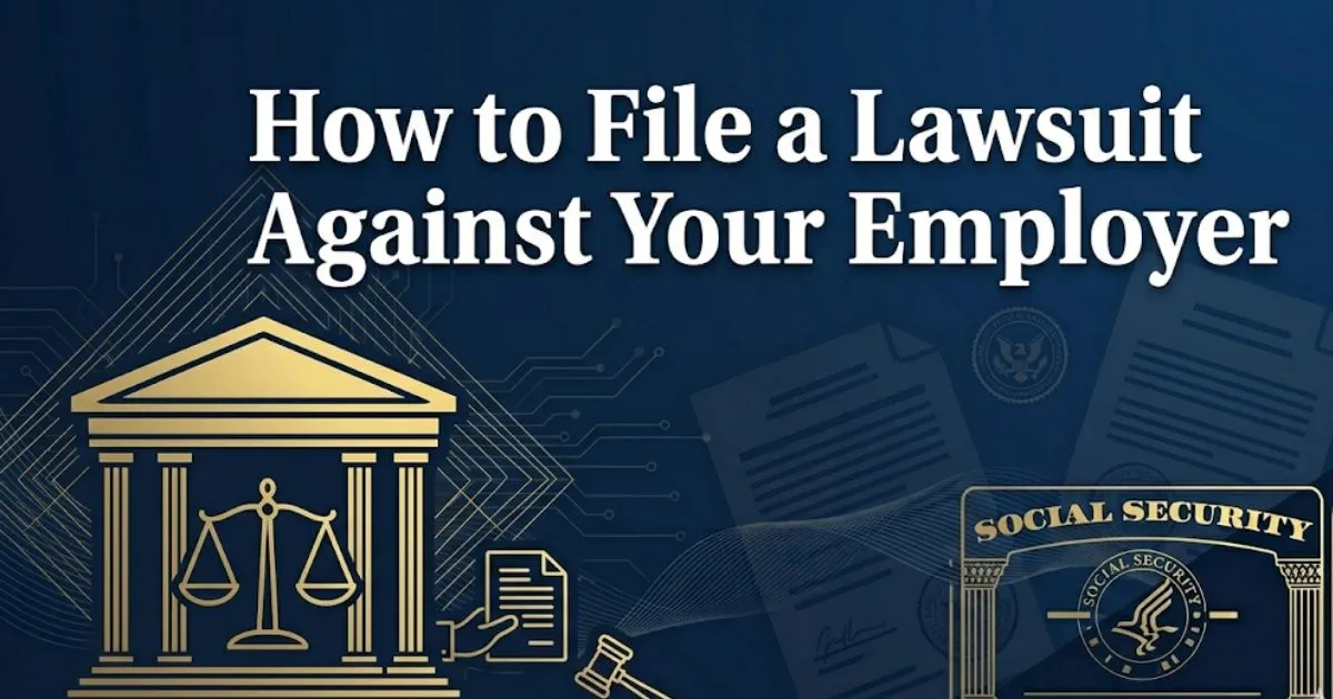 How to file a lawsuit against your employer guide with courthouse and scales of justice graphic