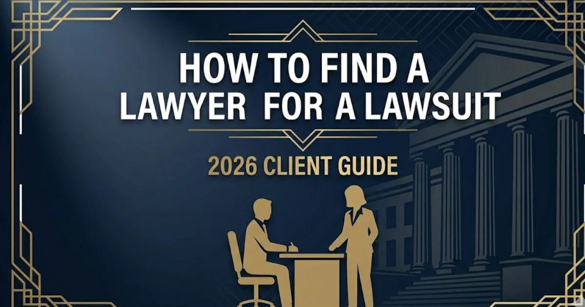 How to find a lawyer for a lawsuit guide 2026, legal consultation silhouette on navy background
