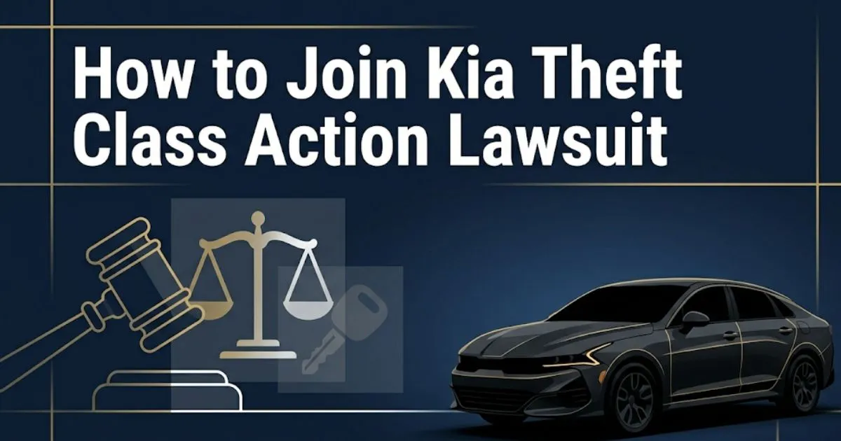 How to join Kia theft class action lawsuit guide with legal symbols and car silhouette on navy background