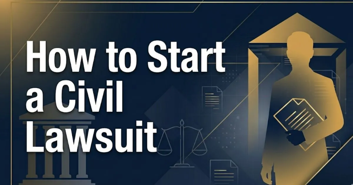 How to start a civil lawsuit guide with courthouse and legal icons on navy background