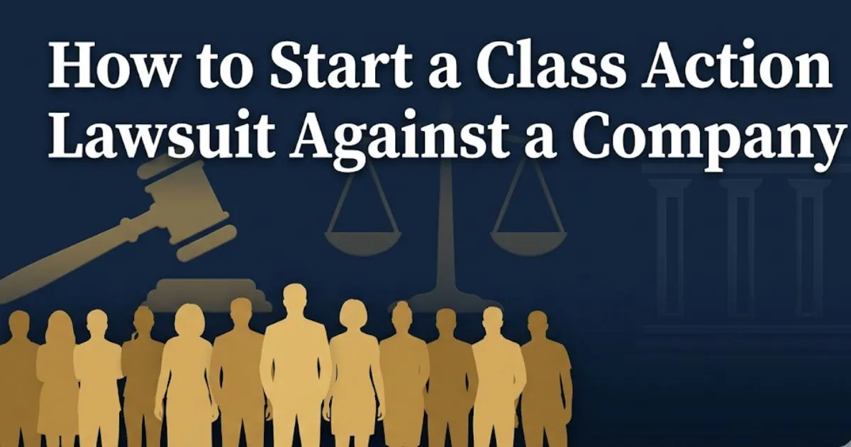 How to start a class action lawsuit against a company guide with legal symbols and silhouettes