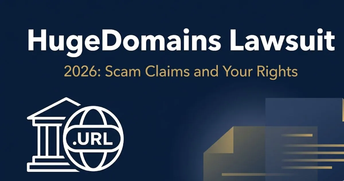 HugeDomains Lawsuit 2026 banner showing courthouse icon and domain symbol on navy and gold background