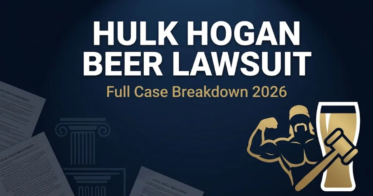 Hulk Hogan beer lawsuit 2026 editorial banner with legal gavel and beer glass silhouette on navy background