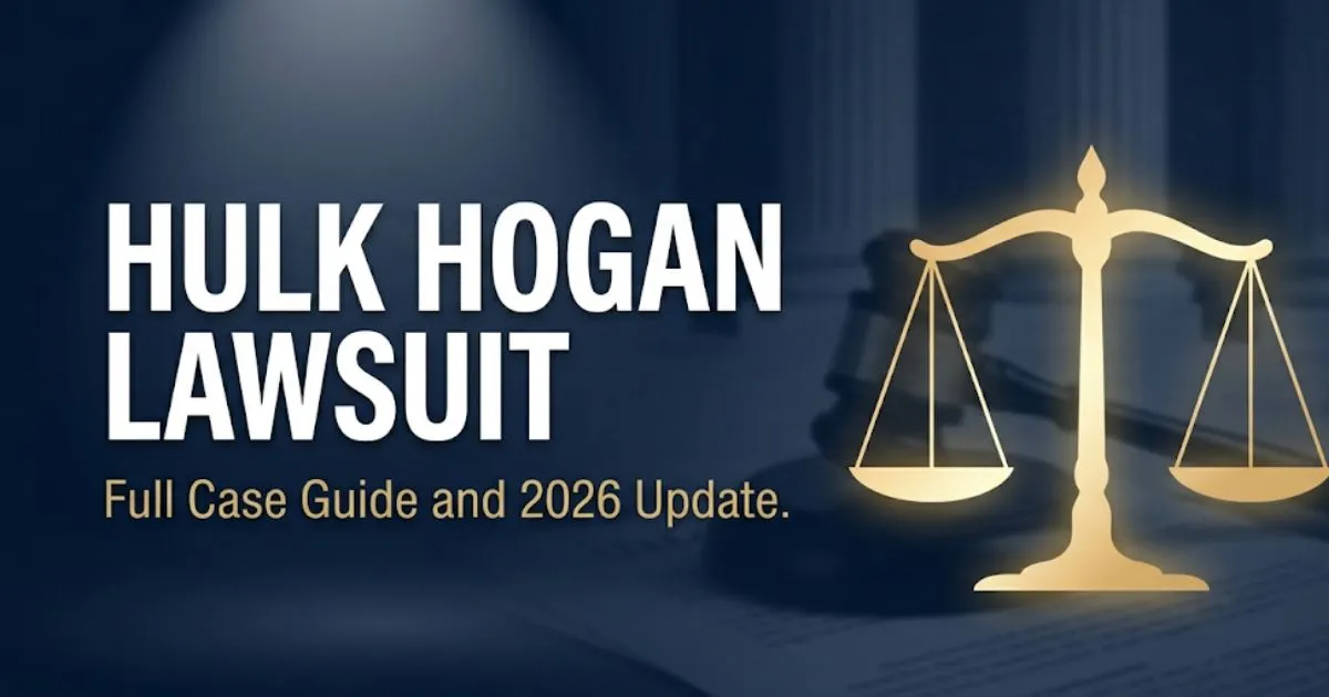 Hulk Hogan lawsuit case guide and 2026 update banner with scales of justice on navy background