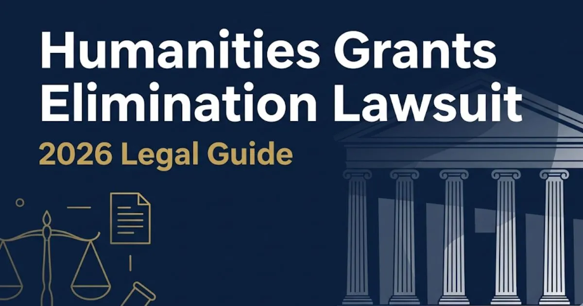 Humanities grants elimination lawsuit 2026 legal guide banner with courthouse silhouette and scales of justice icons