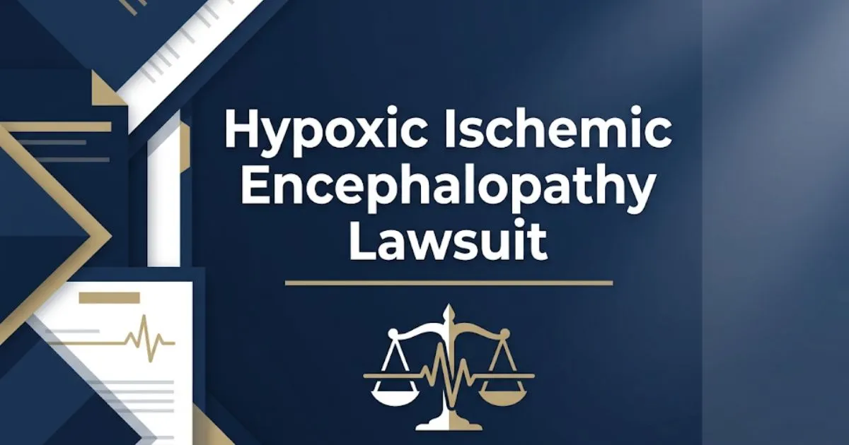Hypoxic ischemic encephalopathy lawsuit guide with legal scales and medical imagery