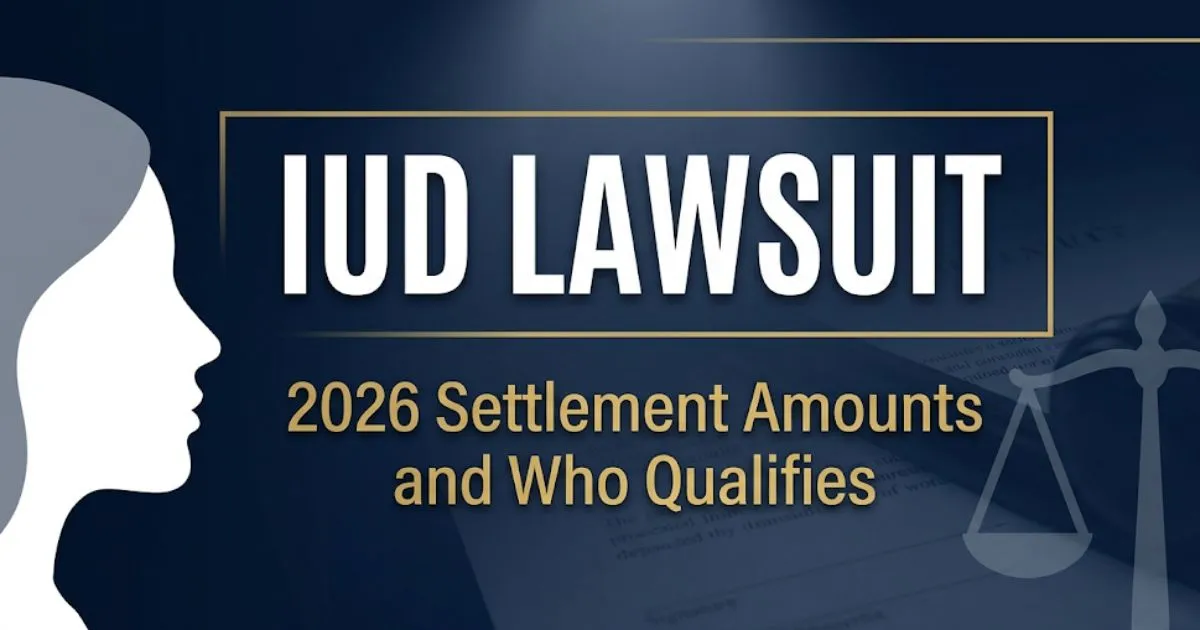 IUD lawsuit 2026 banner showing settlement amounts and eligibility information for Mirena and Paragard claims