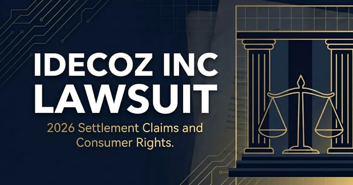 Idecoz Inc Lawsuit 2026 hero banner with legal scales and courthouse icons on navy background