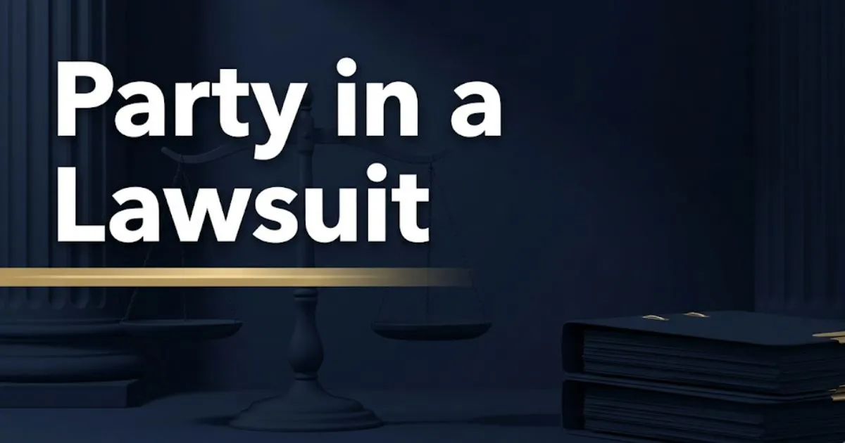 Illustrated legal banner showing party in a lawsuit headline with scales of justice and navy blue courtroom design