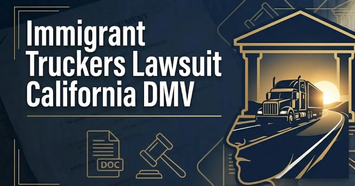 Immigrant truckers lawsuit California DMV 2026 guide banner showing truck silhouette and legal icons on navy background