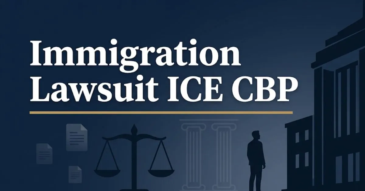 Immigration lawsuit ICE CBP 2026 legal guide banner with courthouse and scales of justice