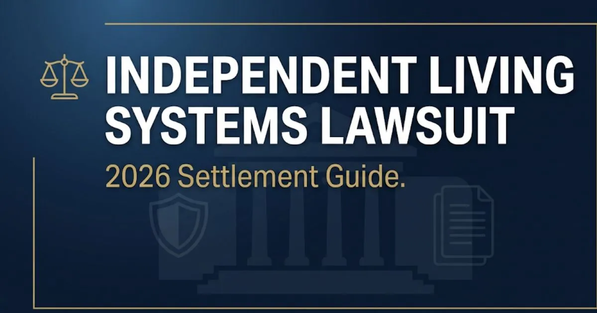 Independent living systems lawsuit 2026 settlement guide banner with legal scales and courthouse silhouette on navy background
