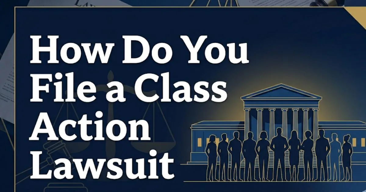 Infographic banner reading How Do You File a Class Action Lawsuit with courthouse silhouettes on navy background.