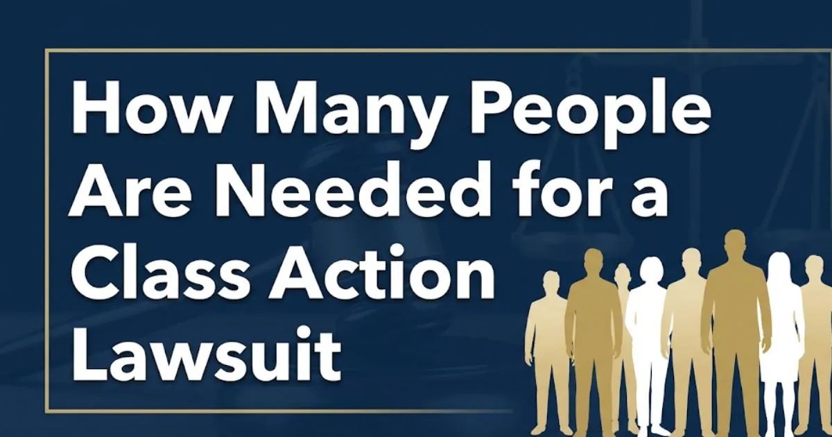 Infographic banner showing how many people are needed for a class action lawsuit with silhouette group and legal symbols on navy background