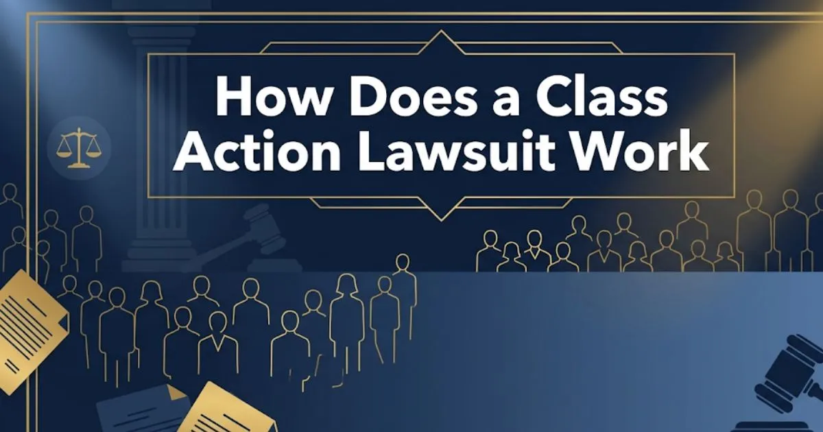 Infographic blog banner explaining how does a class action lawsuit work with legal scales and plaintiff silhouettes on navy background