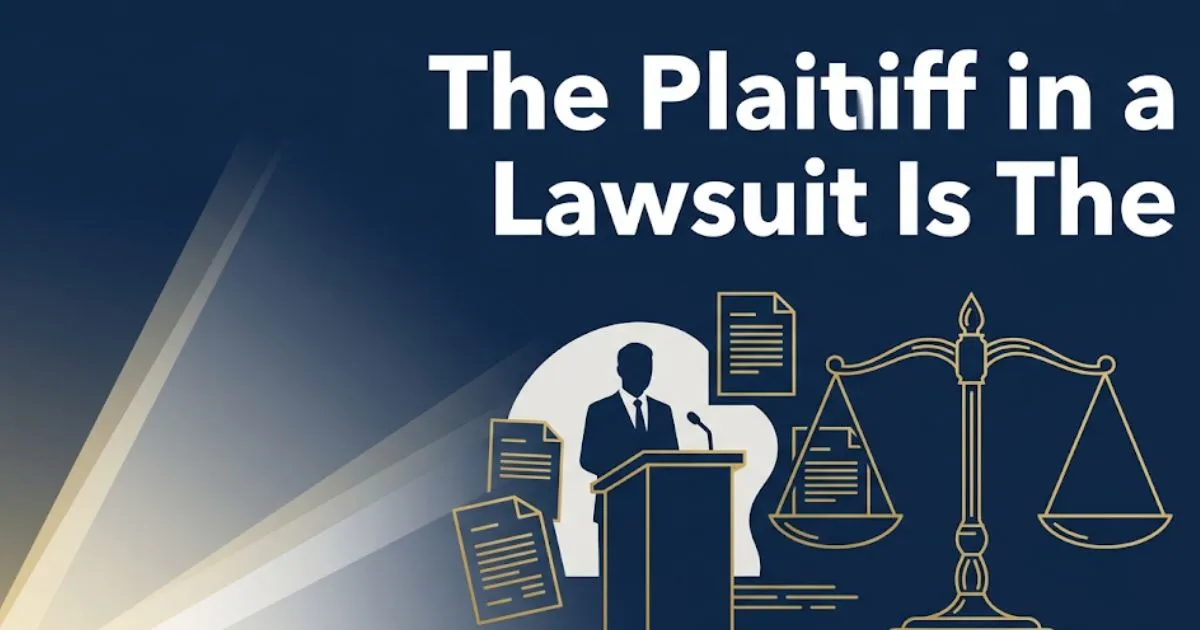 Infographic hero banner showing the plaintiff in a lawsuit definition with legal scale icons and bold headline text on navy background.