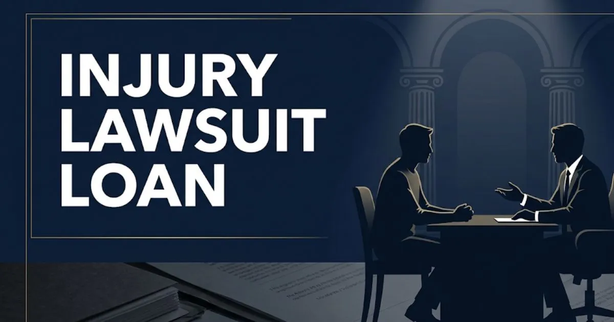 Injury lawsuit loan 2026 guide banner showing legal funding concept with silhouettes and courthouse imagery