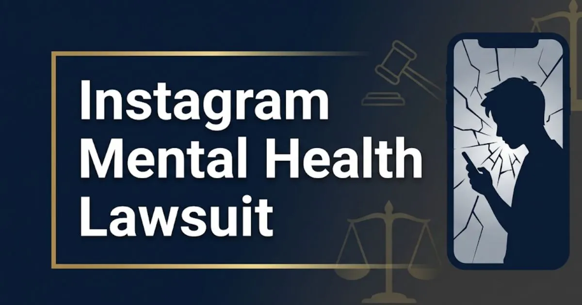 Instagram mental health lawsuit 2026 editorial banner showing teen silhouette and legal symbols on navy background