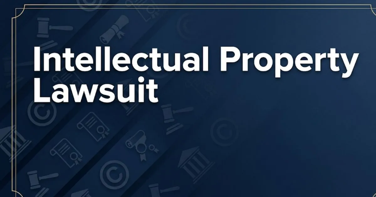 Intellectual property lawsuit guide banner with gavel, copyright symbol, and courthouse icons on navy background