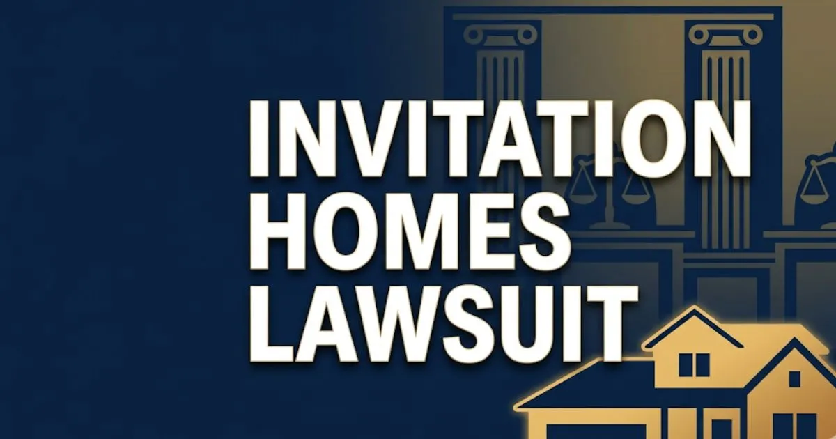 Invitation Homes lawsuit 2026 blog banner with scales of justice and suburban home silhouette on navy background
