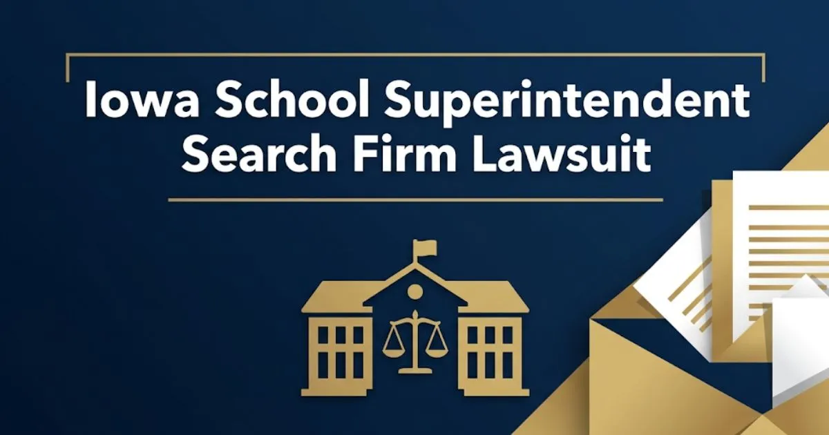 Iowa school superintendent search firm lawsuit 2026 legal banner with scales of justice and school building silhouette