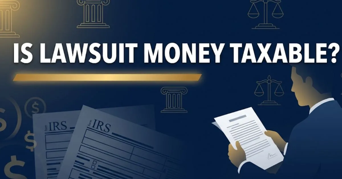 Is lawsuit money taxable 2026 guide showing IRS rules with legal scales and courthouse icons on navy background