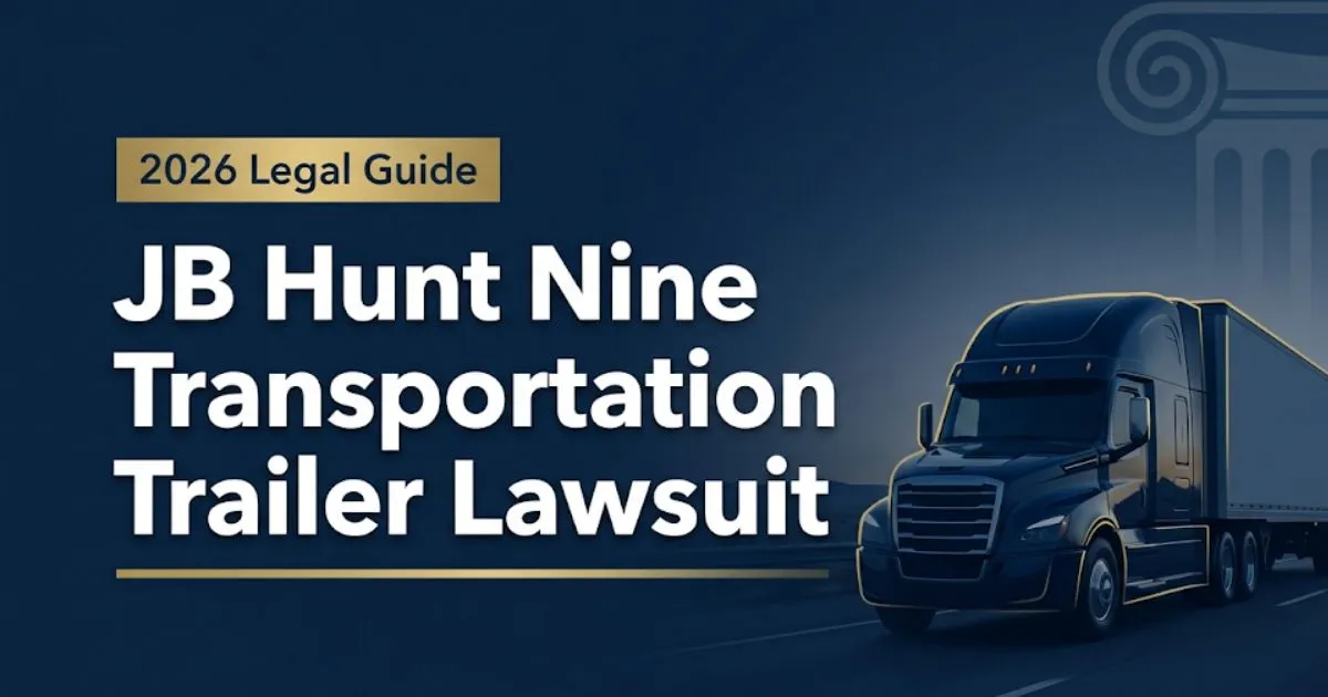 JB Hunt Nine Transportation trailer lawsuit 2026 legal guide banner with truck silhouette and courthouse motif