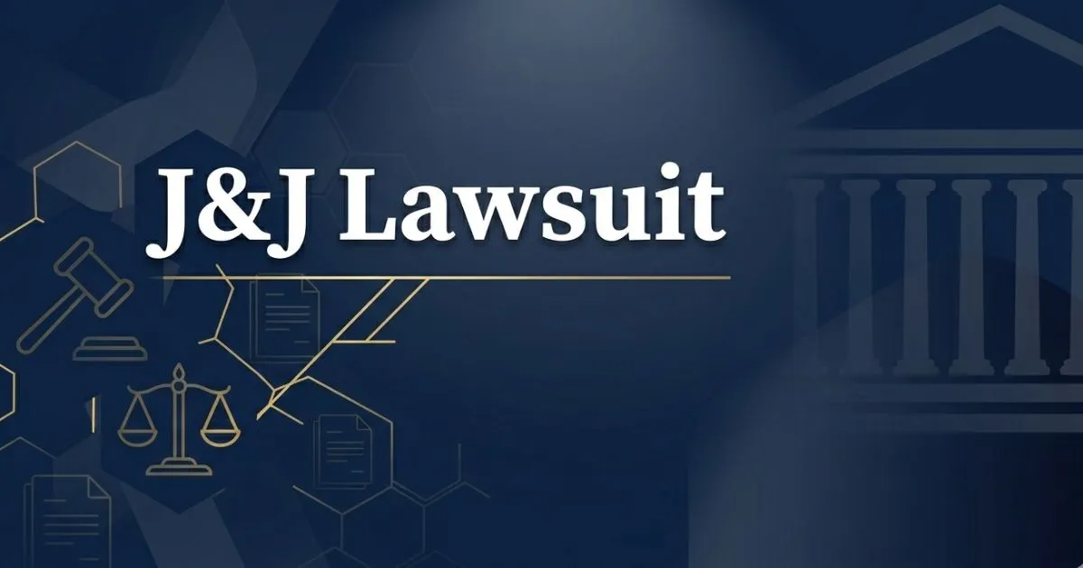 J&J lawsuit 2026 legal banner with gavel and courthouse silhouette on navy background