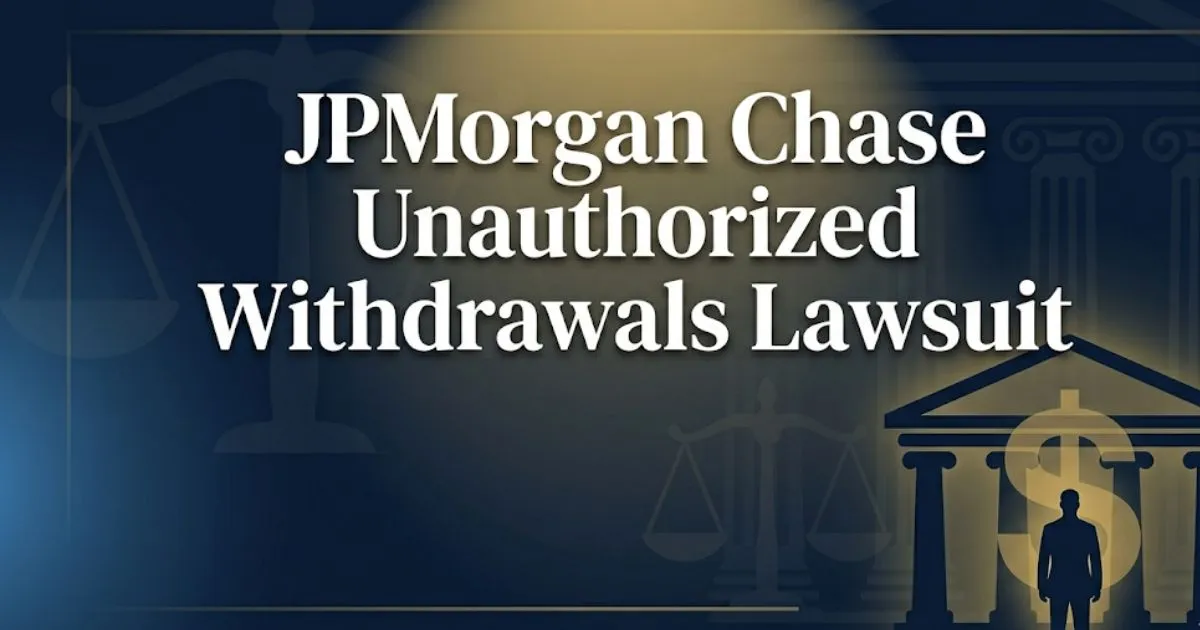 JPMorgan Chase unauthorized withdrawals lawsuit 2026 legal banner with courthouse and financial icons