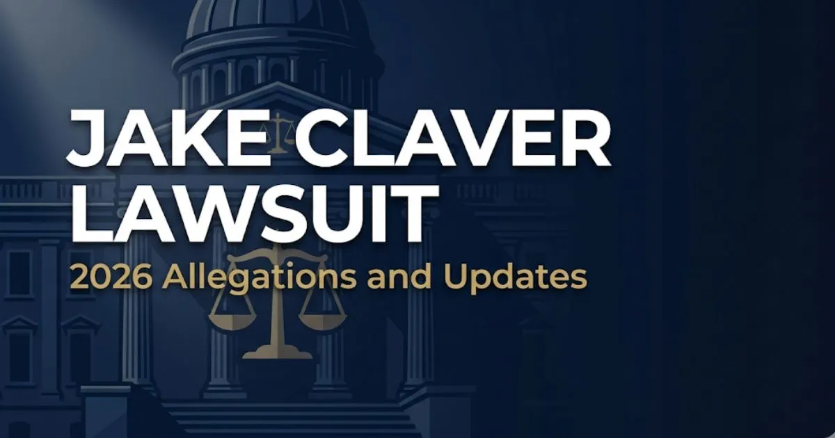 Jake Claver lawsuit 2026 legal banner with courthouse silhouette and bold headline text on navy background