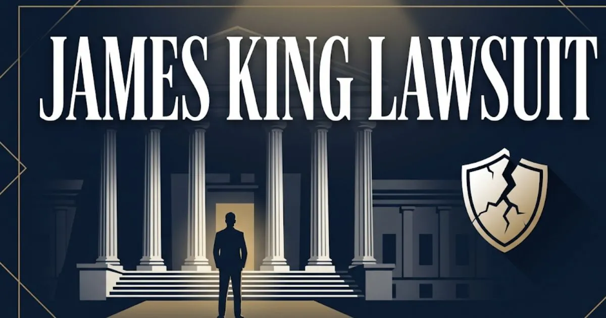 James King lawsuit 2026 case guide banner with courthouse silhouette and legal imagery
