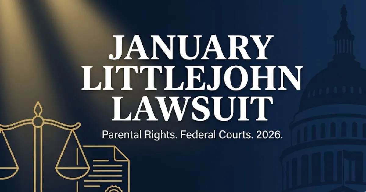 January Littlejohn lawsuit 2026 case guide banner with courthouse silhouette and parental rights legal symbols
