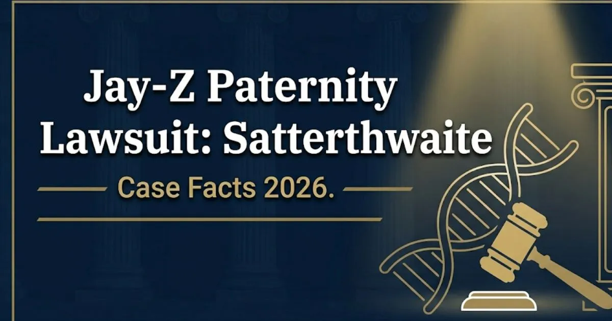 Jay-Z paternity lawsuit Satterthwaite case 2026 editorial banner with legal symbols and DNA graphic