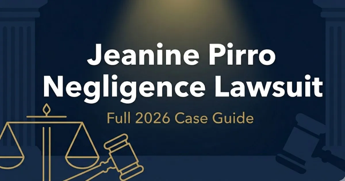 Jeanine Pirro negligence lawsuit 2026 legal case guide banner with courtroom scales of justice