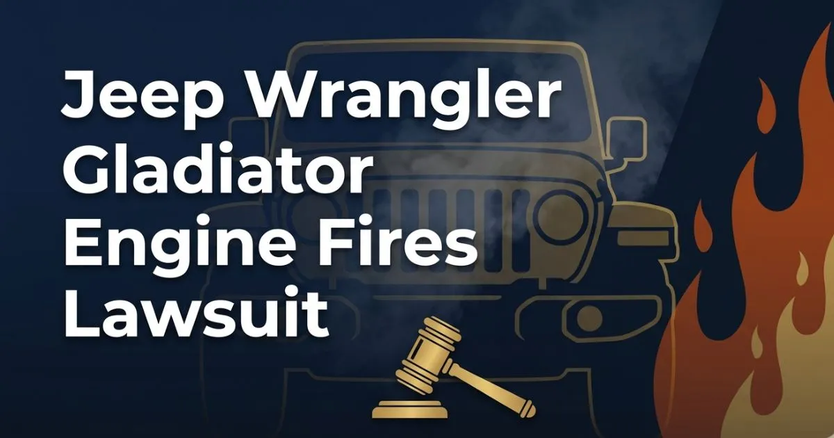 Jeep Wrangler Gladiator engine fires lawsuit 2026 guide hero banner with legal and fire imagery