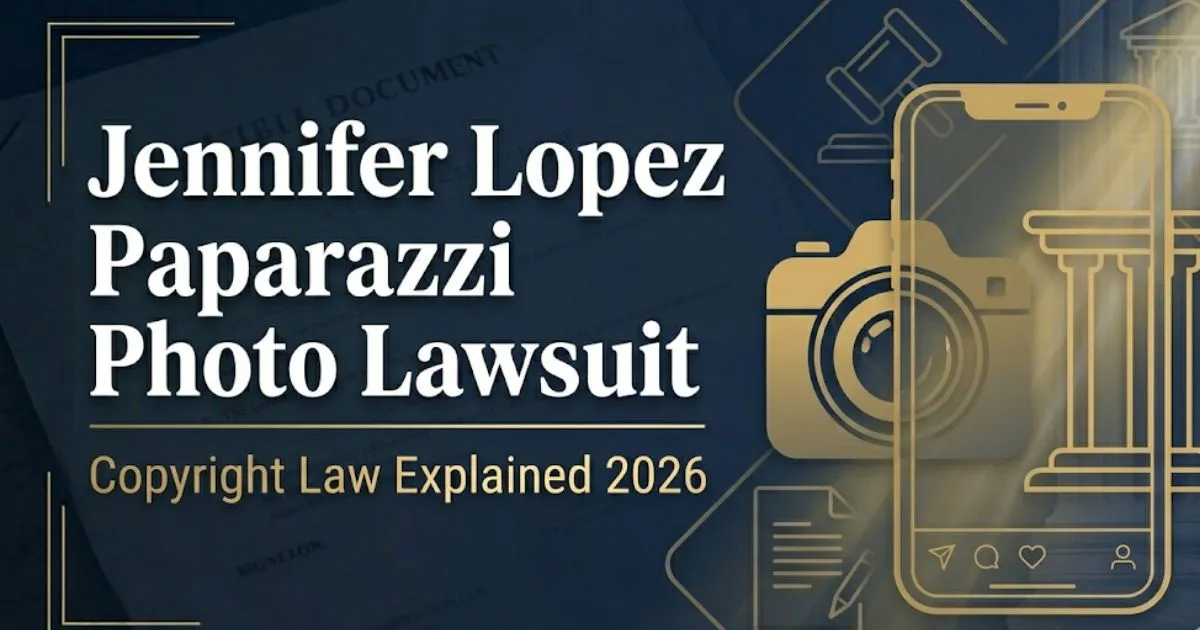 Jennifer Lopez paparazzi photo lawsuit 2026 guide banner with camera icon and courthouse silhouette on navy background