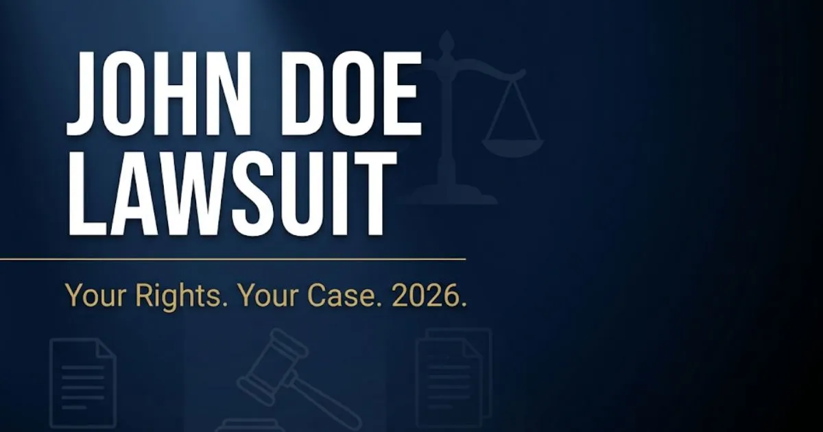 John Doe lawsuit guide 2026 showing legal scales and court icons on a navy editorial banner