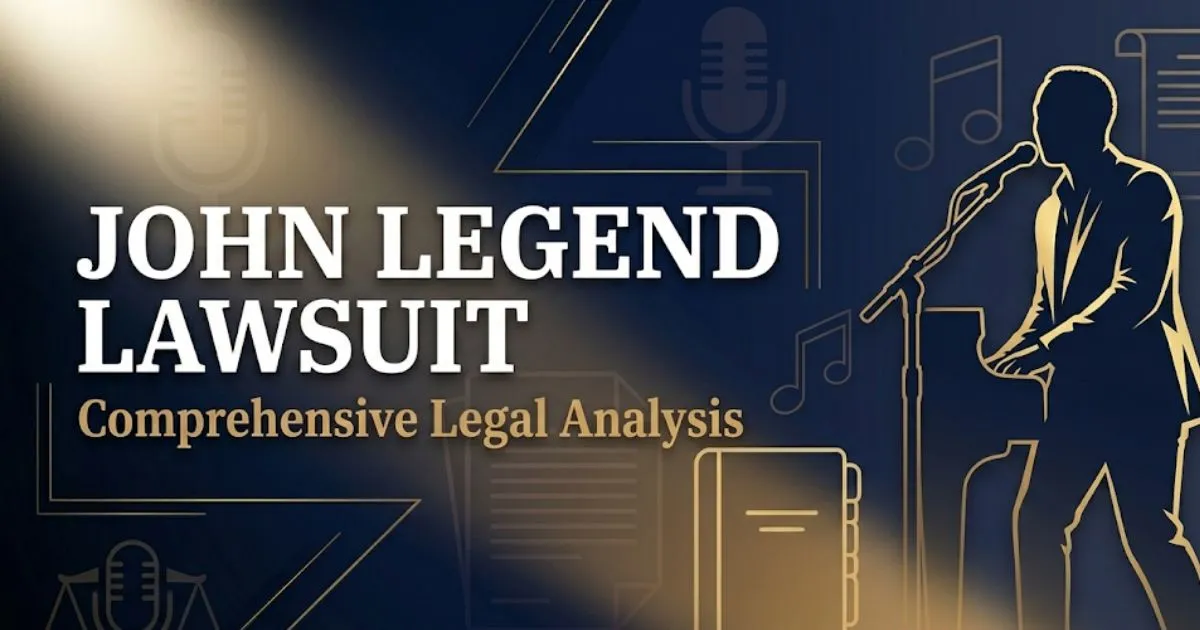 John Legend lawsuit 2026 editorial banner with legal symbols, silhouette performer, and bold headline text on navy background
