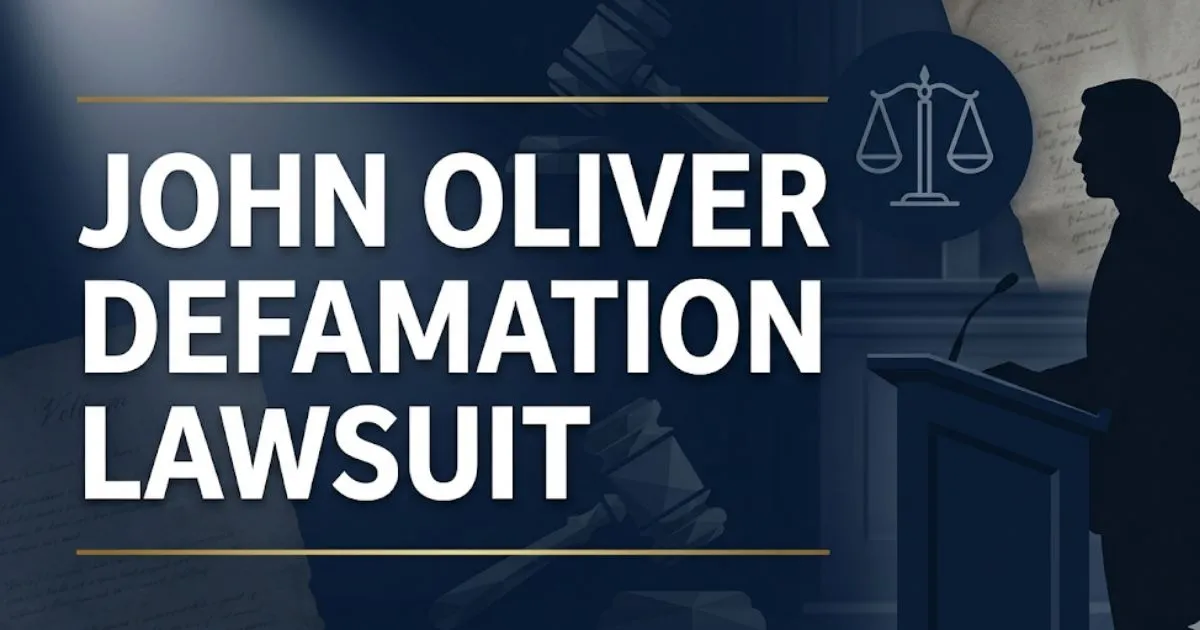John Oliver defamation lawsuit 2026 legal breakdown banner with scales of justice and courtroom silhouette design