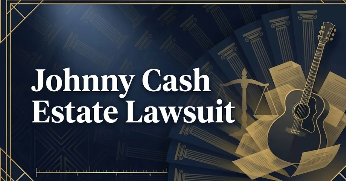 Johnny Cash estate lawsuit blog banner with guitar silhouette and legal documents on a dark navy background
