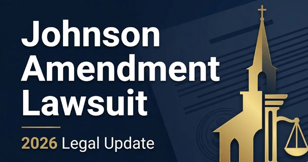 Johnson Amendment Lawsuit 2026 legal update banner with church silhouette and scales of justice on navy background