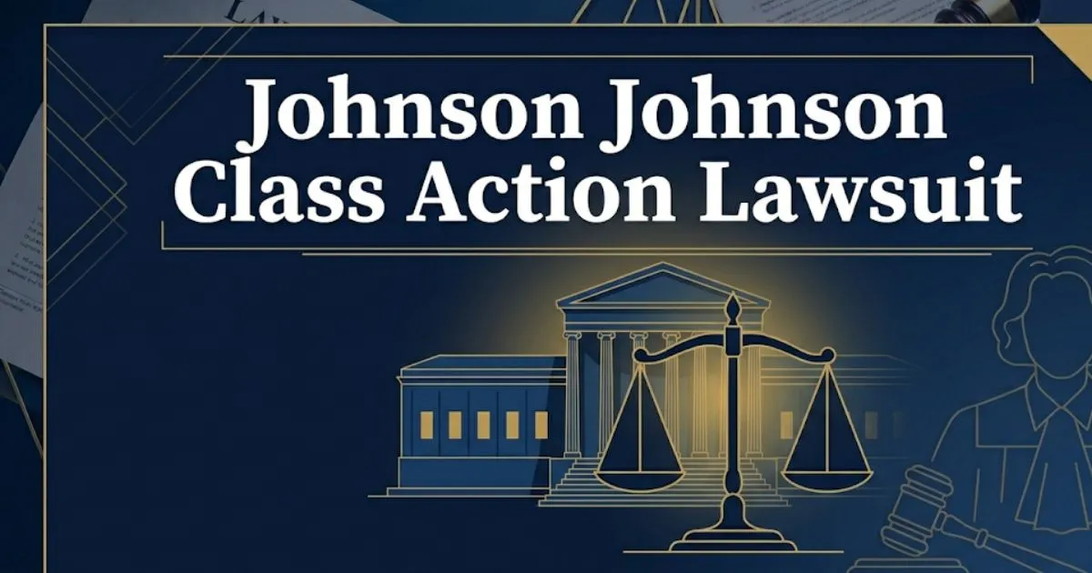 Johnson Johnson class action lawsuit 2026 legal banner with courthouse silhouette and scales of justice icons