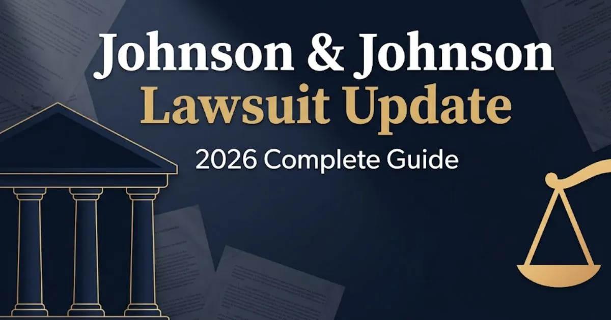 Johnson & Johnson lawsuit update 2026 banner with courthouse silhouette and scales of justice on navy background