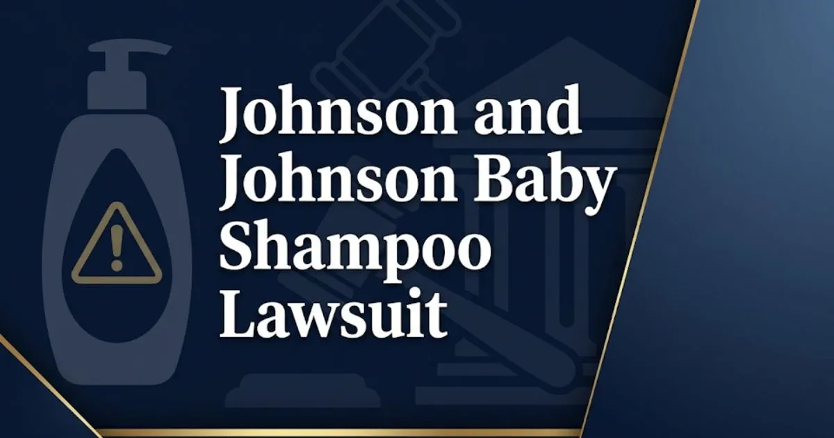 Johnson and Johnson baby shampoo lawsuit 2026 banner with legal icons and product silhouette