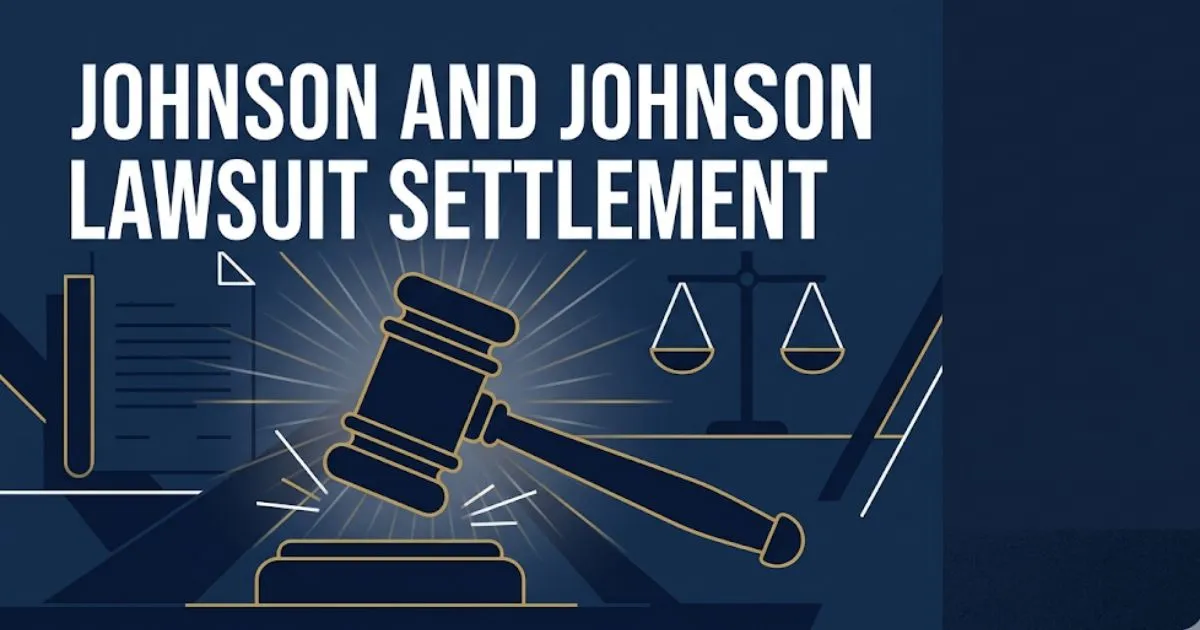 Johnson and Johnson lawsuit settlement banner with gavel and legal icons on navy background