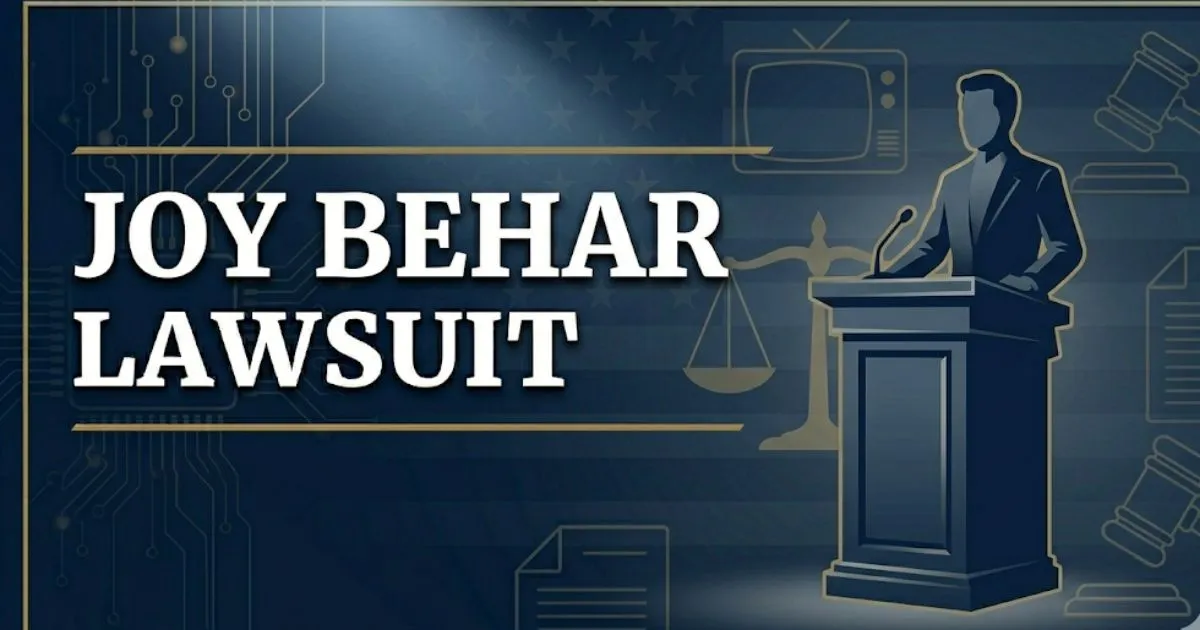 Joy Behar Lawsuit 2026 legal breakdown banner with courtroom silhouette and scale of justice icons on navy background