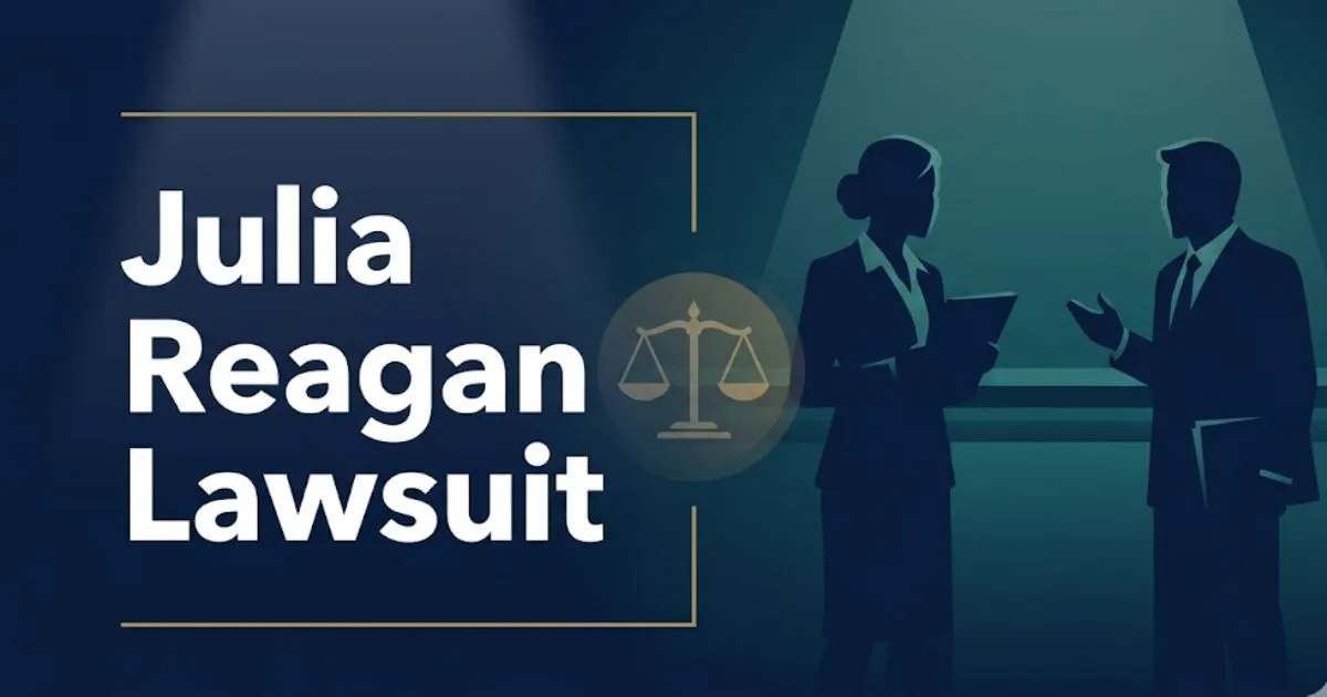 Julia Reagan Lawsuit 2026 case breakdown banner with legal scales and courtroom silhouette on navy background