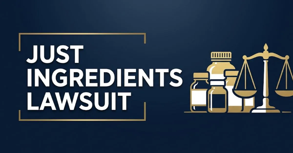 Just Ingredients Lawsuit 2026 banner showing supplement bottles and legal scales on navy background INPUT MAIN KEYWORD {{just ingredients lawsuit}} CLUSTER KEYWORDS {{paste cluster keywords,