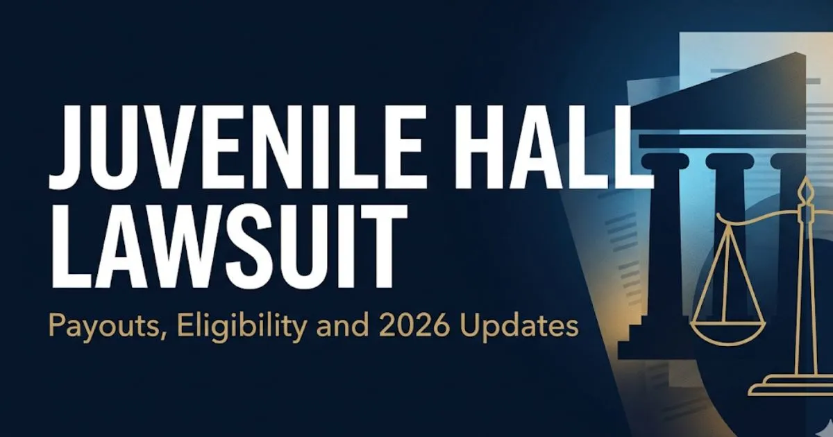 Juvenile hall lawsuit blog banner showing scales of justice and courthouse silhouette with 2026 payout updates headline