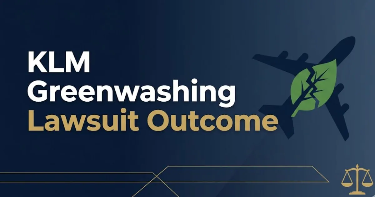 KLM greenwashing lawsuit outcome 2026 blog banner showing airplane silhouette broken green leaf and legal scales on navy background